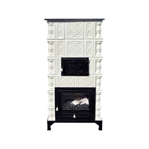 Semineu teracota Gospodarul 6 randuri diamant alb cu cuptor, usa sticla mare, evacuare la spate, 160 cm x 67 cm x 46 cm