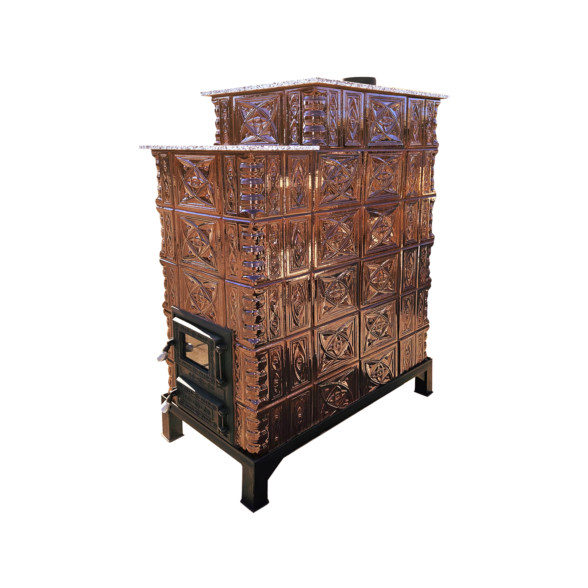 Sobă teracotă de perete, Gospodarul, diamant maro 6 randuri, usa sticlă, evacuare verticala, 160 cm x 90 cm x 46 cm - imagine 2