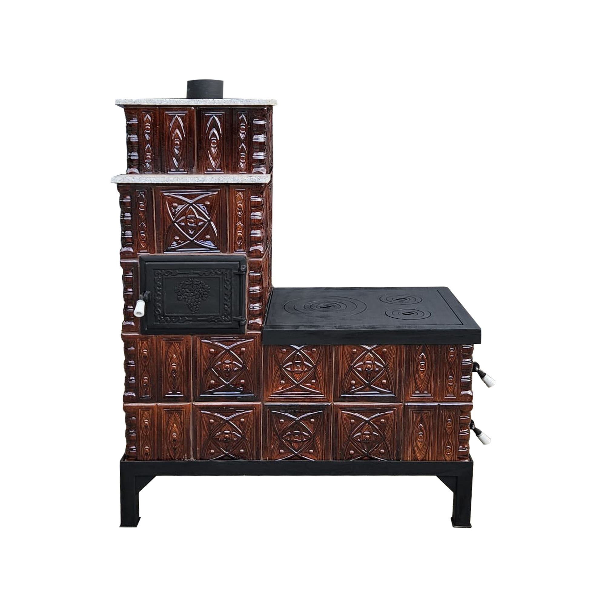 Soba mobila teracota, Gospodarul, 5 randuri, plita mare, alimentare pe lung, cuptor stanga, maro, evacuare verticală, 140 cm x 113 cm x 57 cm
