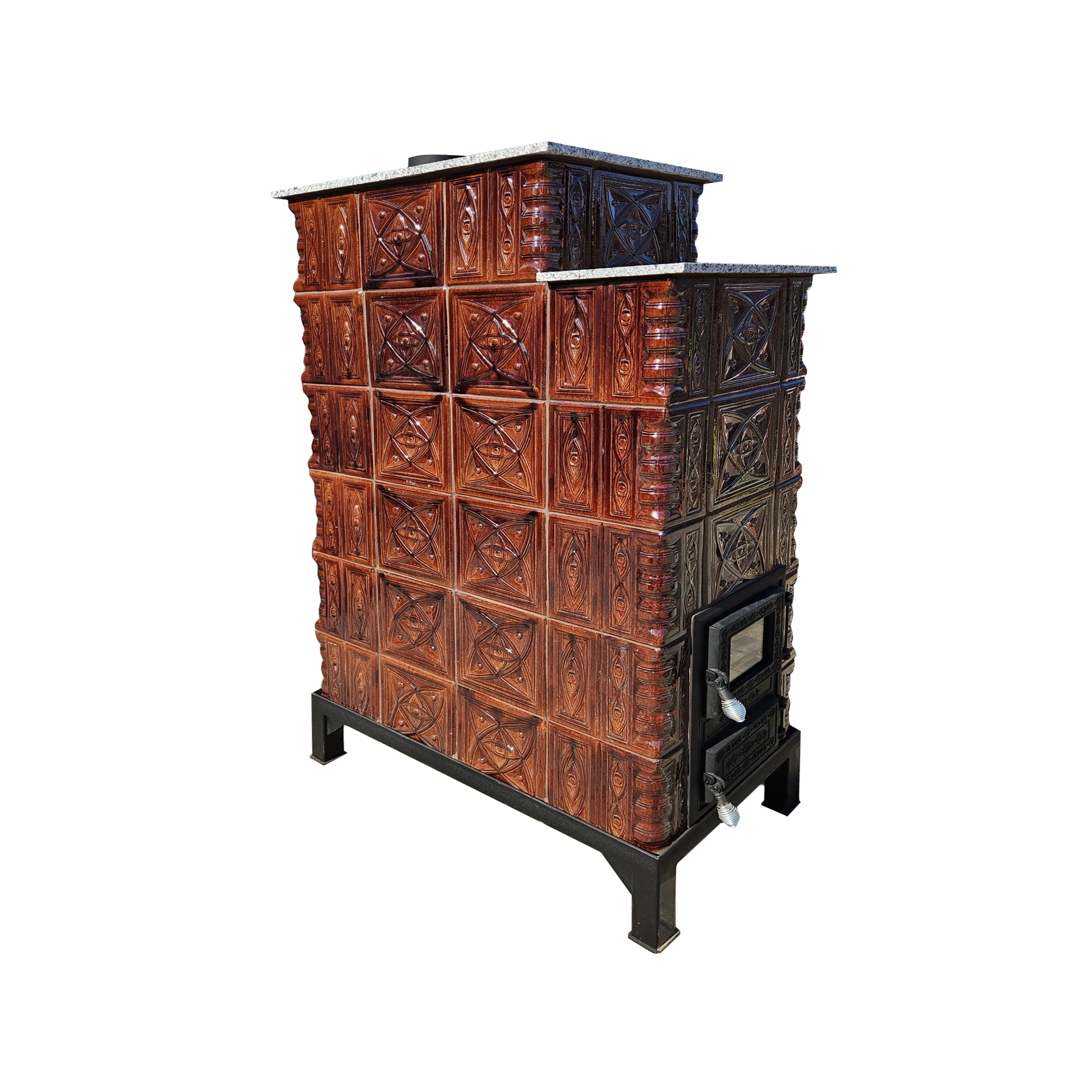 Sobă teracotă de perete, Gospodarul, diamant maro 6 randuri, usa sticlă, evacuare verticala, 160 cm x 90 cm x 46 cm